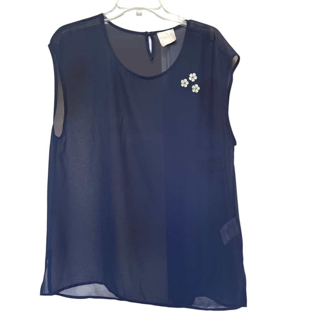 Giorgia &‎ Johns Navy Blue Sheer Floral Sleeveless Blouse Made in Italy Size M